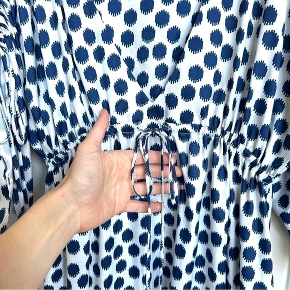 More of Me Maternity 100% Silk Maxi Dress Ruched Sleeves Polka Dot Blue White - Picture 5 of 9